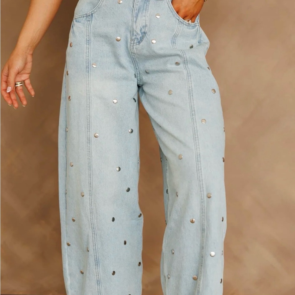 Lane 201 Studded Barrel Denim Light Wash Embellished Wide-Leg Jeans - Light Blue